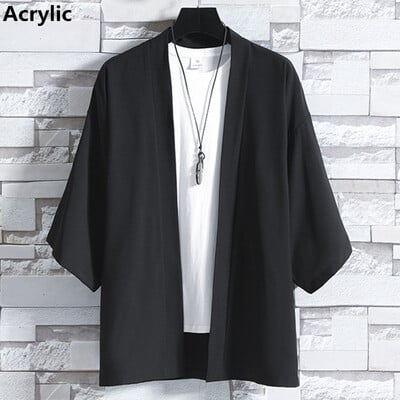 Jachetă kimono ușoară pentru bărbați, cu șapte mâneci, cardigan deschis, halat de baie în stil japonez