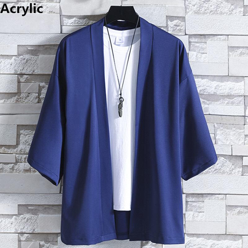 Jachetă kimono ușoară pentru bărbați, cu șapte mâneci, cardigan deschis, halat de baie în stil japonez