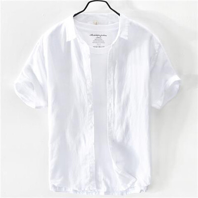 Suvine linane lühikeste varrukatega valge särk Meeste vaba puuvillane vabaaja tööriided Hingavad trendikad meeste tipprõivad