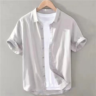 Suvine linane lühikeste varrukatega valge särk Meeste vaba puuvillane vabaaja tööriided Hingavad trendikad meeste tipprõivad