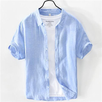 Suvine linane lühikeste varrukatega valge särk Meeste vaba puuvillane vabaaja tööriided Hingavad trendikad meeste tipprõivad