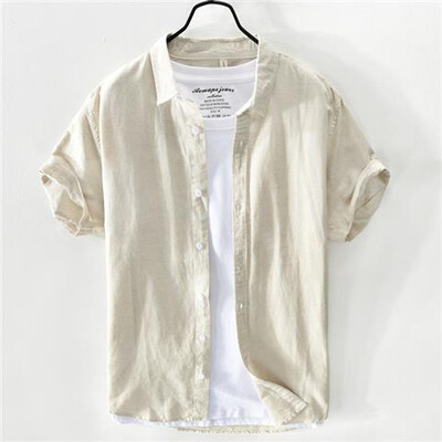 Suvine linane lühikeste varrukatega valge särk Meeste vaba puuvillane vabaaja tööriided Hingavad trendikad meeste tipprõivad