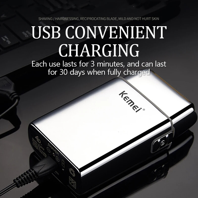 Kemei KM-TX5 Vrhunska punjiva baterija Srebrni brijač s dvostrukom mrežom, klipni električni brijač od aluminijske legure