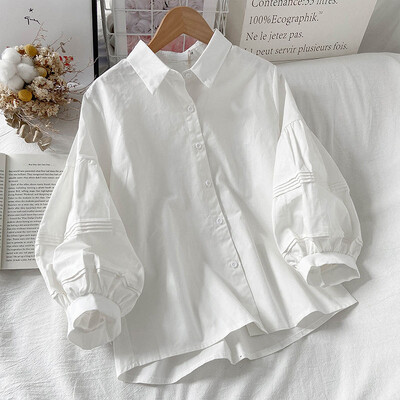 Cămăși cu mâneci bufante pentru femei, alb, guler răsturnat, stil preppy, chic, topuri pentru femei, modă coreeană, toate se potrivesc, bluză simplă de vară