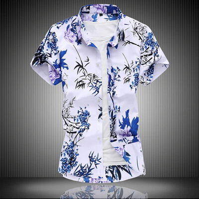 Лятна нова мъжка ленена риза 2023 г. Модна ежедневна мъжка риза с цветя с къс ръкав Голям размер Марково мъжко облекло 5XL 6XL 7XL