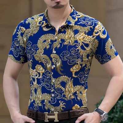 Top cămașă cu mâneci scurte pentru bărbați, cu model de flori și animale