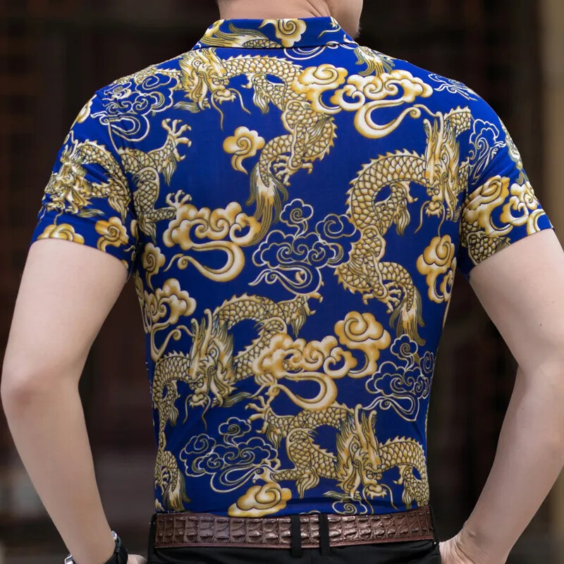 Top cămașă cu mâneci scurte pentru bărbați, cu model de flori și animale