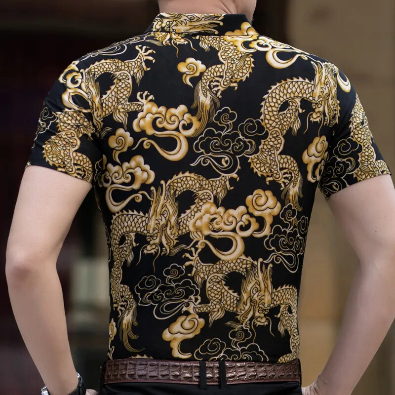 Top cămașă cu mâneci scurte pentru bărbați, cu model de flori și animale