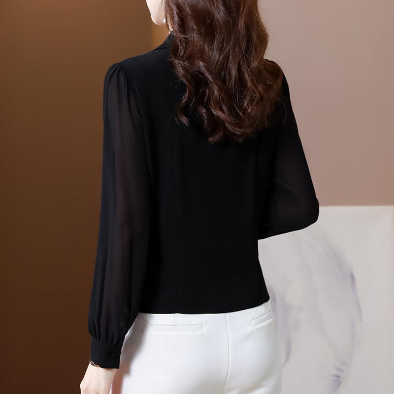 #2541 Пролетна черна офис шифонена блуза Дамска дамска блуза с дълги ръкави и копчета с V-образно деколте Неправилна къса блуза Женска стандартна кройка Елегантна
