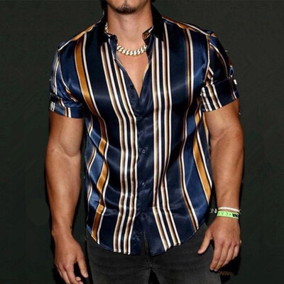 Y2K Summer New Cămașă Vintage pentru bărbați cu dungi Cămașă casual de lux cu mânecă scurtă Cămașă Hawaii pentru bărbați Blusas Camisa Masculina