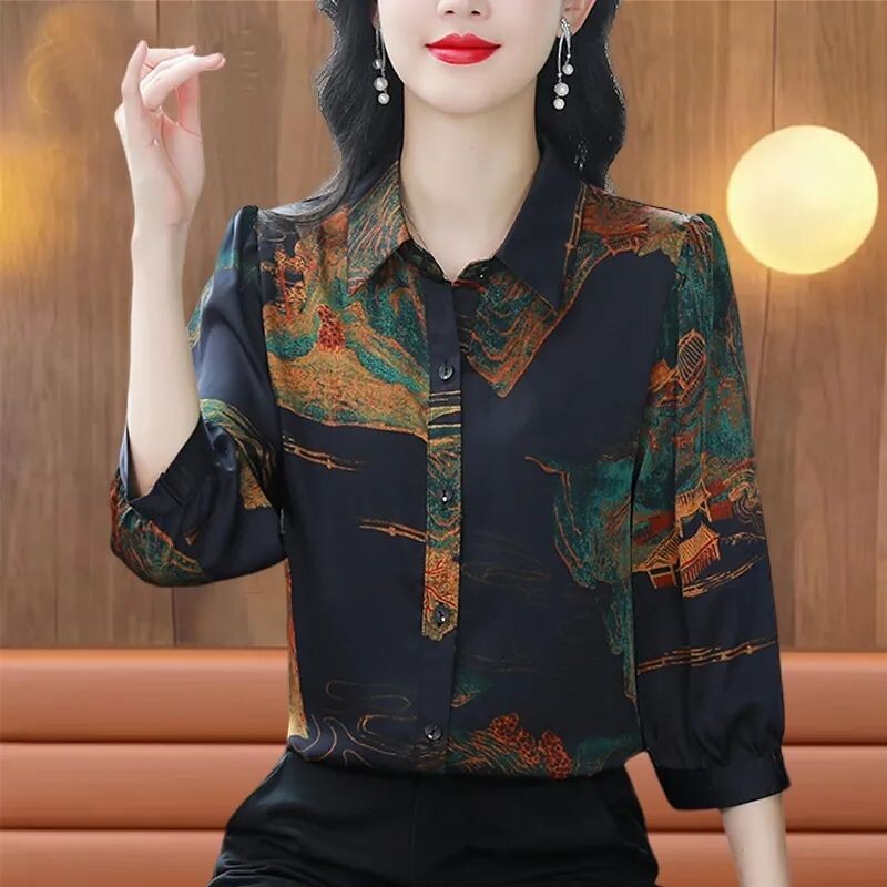 Suvine 3/4 varrukatega šifoonpluus Naiste 2024. aasta uus trükkimine, kõik sobilikud top-T-särgid, särgid, naiste riided, topid