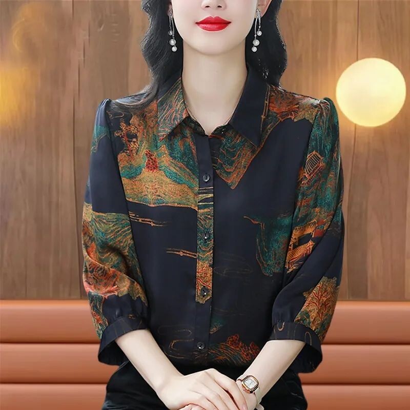 Suvine 3/4 varrukatega šifoonpluus Naiste 2024. aasta uus trükkimine, kõik sobilikud top-T-särgid, särgid, naiste riided, topid