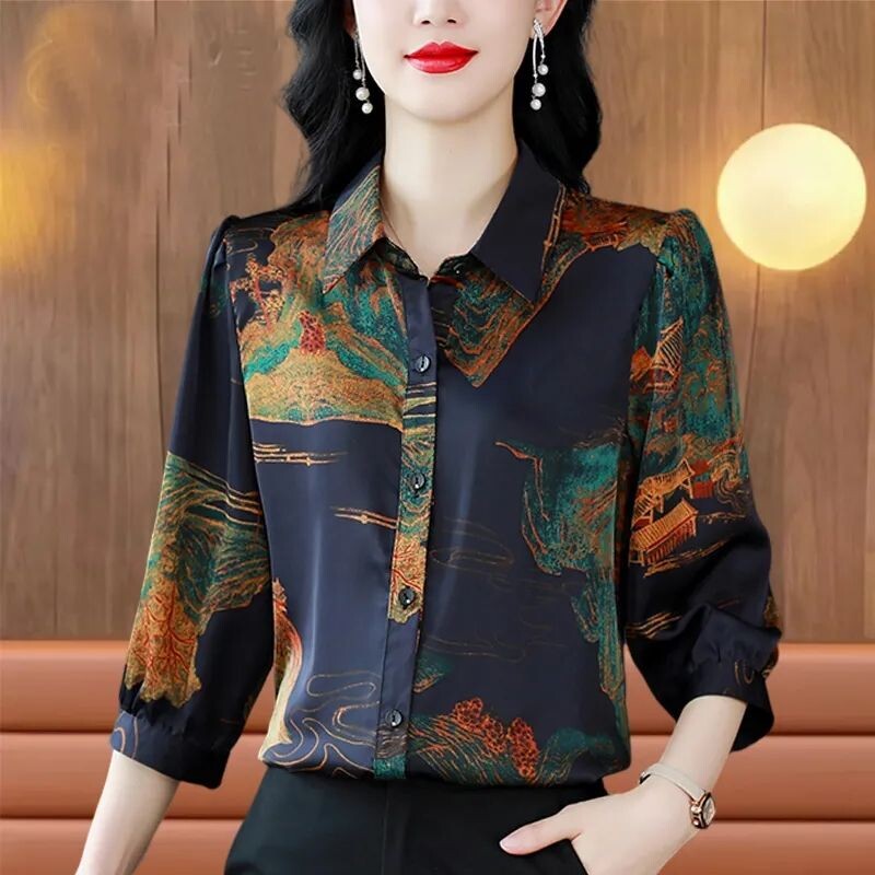 Suvine 3/4 varrukatega šifoonpluus Naiste 2024. aasta uus trükkimine, kõik sobilikud top-T-särgid, särgid, naiste riided, topid