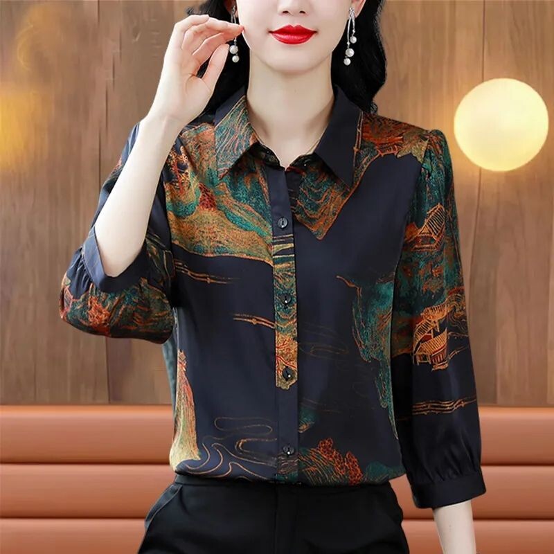 Suvine 3/4 varrukatega šifoonpluus Naiste 2024. aasta uus trükkimine, kõik sobilikud top-T-särgid, särgid, naiste riided, topid