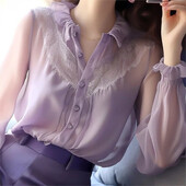 2024. aasta uus kevadsuvi mood Elegantne pikkade puhvis varrukatega õhuke šifoonpluus V-kaelusega nööbiga naiste lilla särgi topid Korea stiilis