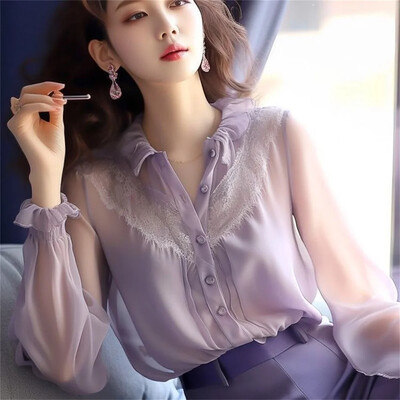 2024. aasta uus kevadsuvi mood Elegantne pikkade puhvis varrukatega õhuke šifoonpluus V-kaelusega nööbiga naiste lilla särgi topid Korea stiilis