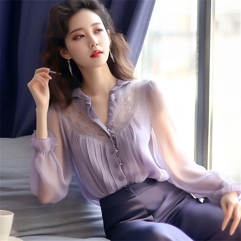 2024. aasta uus kevadsuvi mood Elegantne pikkade puhvis varrukatega õhuke šifoonpluus V-kaelusega nööbiga naiste lilla särgi topid Korea stiilis