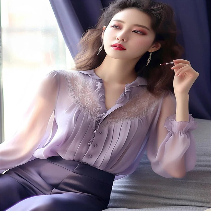 2024. aasta uus kevadsuvi mood Elegantne pikkade puhvis varrukatega õhuke šifoonpluus V-kaelusega nööbiga naiste lilla särgi topid Korea stiilis