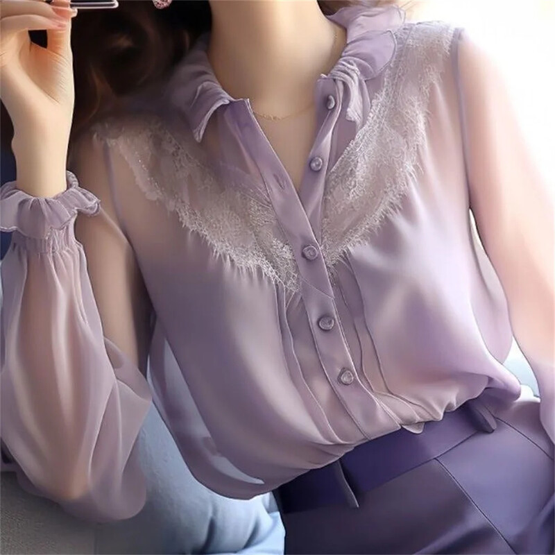 2024. aasta uus kevadsuvi mood Elegantne pikkade puhvis varrukatega õhuke šifoonpluus V-kaelusega nööbiga naiste lilla särgi topid Korea stiilis