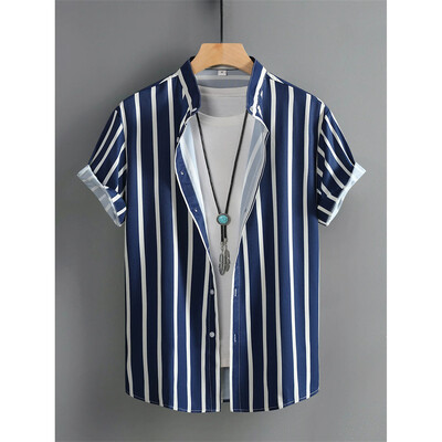 Šarene grafičke majice za plažu za muškarce Prugaste havajske košulje s 3D tiskom Ljetna modna bluza kratkih rukava s širokim gumbima