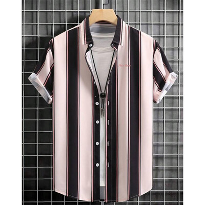 Triibuline mustriga meeste särk Suvine vaba vabaaja lühikeste varrukatega särgid Lihtne mood Kvaliteetsed meeste rõivad Topid Hawaii särgid