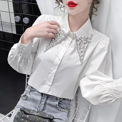 Cuie mărgele guler păpușă bluză de modă pentru damă de birou Cămașă polo cu mânecă lungă, albă, elegantă, pentru femei, cămașă cardigan