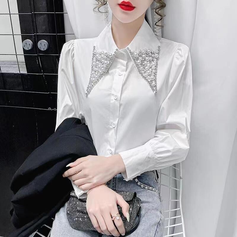 Μόδα μπλούζα για κούκλα με χάντρες νυχιών Γυναικεία ανοιξιάτικα μπλουζάκια πόλο φαρδιά μακρυμάνικη λευκή κομψή γυναικεία ζακέτα