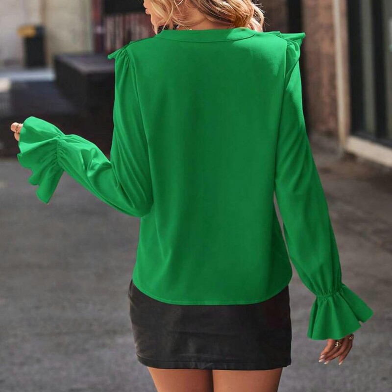 Ženska majica s V izrezom i dugim rukavima s volanima, jednobojna labava majica s puf rukavima, elegantna ženska bluza za putovanje na posao, proljetna košulja