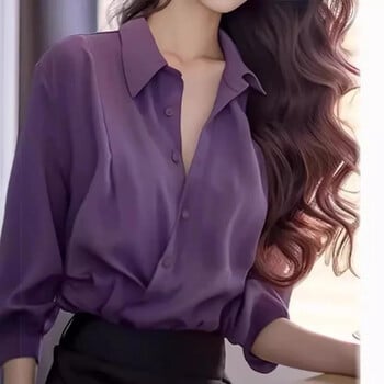 2024 Νέο υψηλού επιπέδου Feelstylish Preppy Style Purple πουκάμισο Μπλουζάκι για Γυναικεία Άνοιξη σεζόν Μοναδικό κομψό τζέντλεμαν casual πουκάμισο