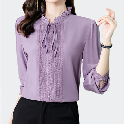 Naiste Lace Splice Lilla siidist särgid pikkade varrukatega mood Naiste pluusid 2024 Sweet Fungus Edge Bow Collar Office Naiste topid