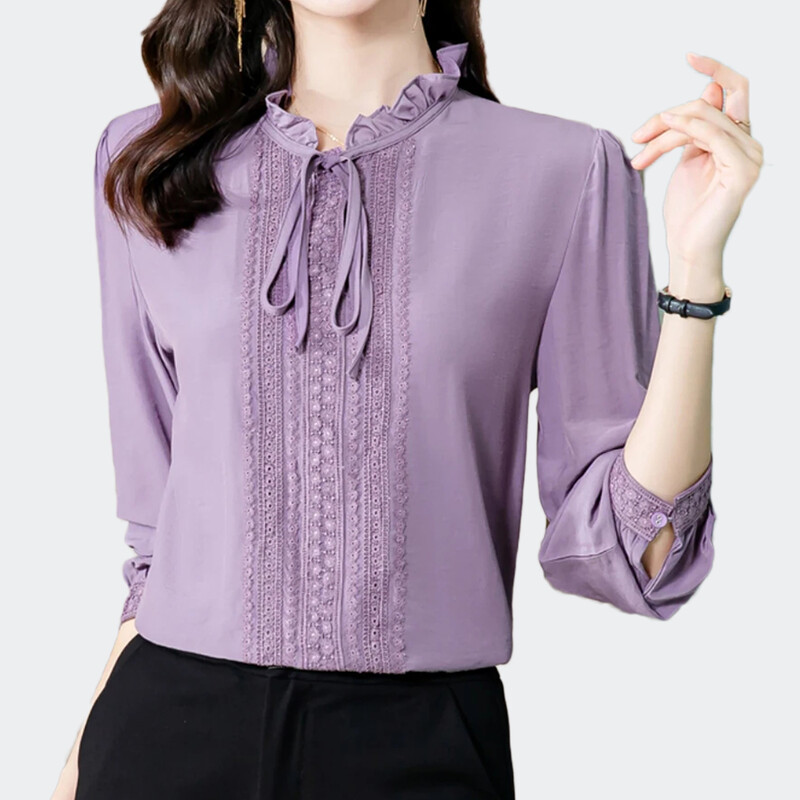 Naiste Lace Splice Lilla siidist särgid pikkade varrukatega mood Naiste pluusid 2024 Sweet Fungus Edge Bow Collar Office Naiste topid