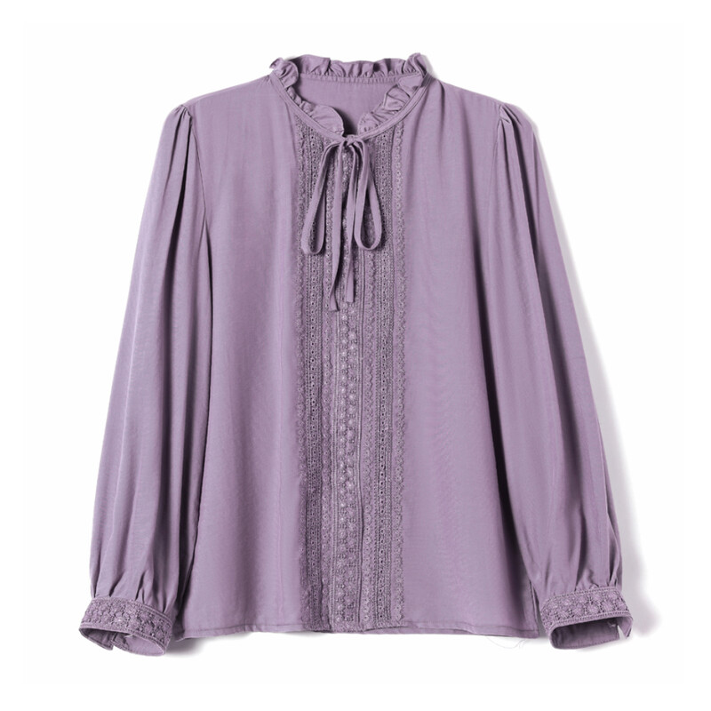 Naiste Lace Splice Lilla siidist särgid pikkade varrukatega mood Naiste pluusid 2024 Sweet Fungus Edge Bow Collar Office Naiste topid