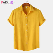 Žuta pamučna lanena košulja za plažu kratkih rukava za muškarce, nove prozračne havajske košulje za ljeto 2024., ležerna blagdanska košulja za odmor