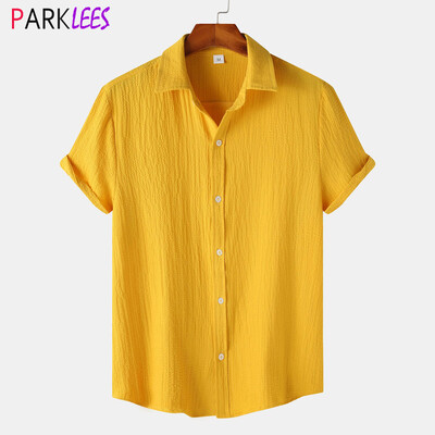 Žuta pamučna lanena košulja za plažu kratkih rukava za muškarce, nove prozračne havajske košulje za ljeto 2024., ležerna blagdanska košulja za odmor
