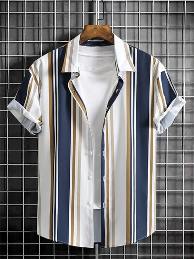 Meeste triibuline vabaaja särk Minimalistlik trükitud Hawaii rannavarustus Puhkusetopp välitingimustes meeste tänavariided lühikeste varrukatega