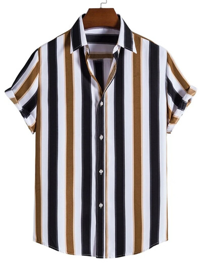 Meeste triibuline vabaaja särk Minimalistlik trükitud Hawaii rannavarustus Puhkusetopp välitingimustes meeste tänavariided lühikeste varrukatega