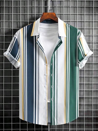 Meeste triibuline vabaaja särk Minimalistlik trükitud Hawaii rannavarustus Puhkusetopp välitingimustes meeste tänavariided lühikeste varrukatega