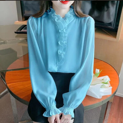 2024 NewFashion Bluză cu mânecă lungă All-match Primavara Top Tricou Femeie Temperament Volane Cămăși din șifon Îmbrăcăminte pentru femei Culoare uni