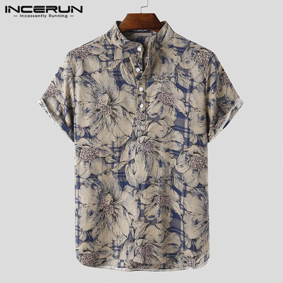 INCERUN Camisa Masculina Imprimata pentru Barbati Bluza Hawaiana de Vara Camasi Vintage Barbati Maneca Scurta Camisa cu revere Casual Nasturi Bluze