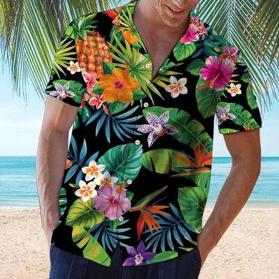 Új hawaii ing Piros levelű trópusi virágmintás férfi ing nyári alkalmi rövid ujjú gombos ing Nyaralás Strandruha