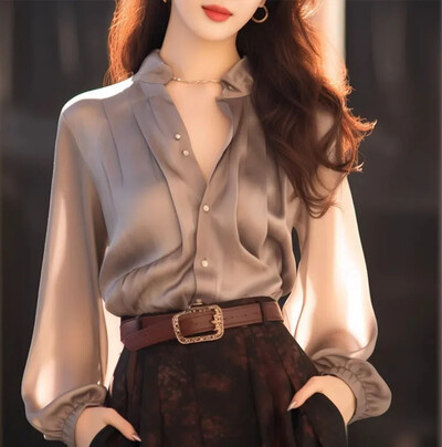 Stiilne vananemist vähendav prantsuse disaini Sensibilityniche Grey Acid Silk top särk naistele varakevadel