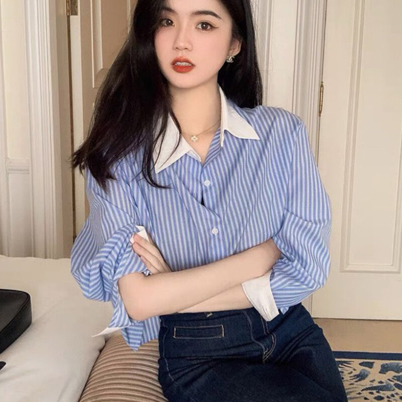 Vintage korejska prugasta košulja Ženska ležerna labava patchwork bluza dugih rukava Jesenski dizajn Ženske jednostavne majice s otvorenim ovratnikom