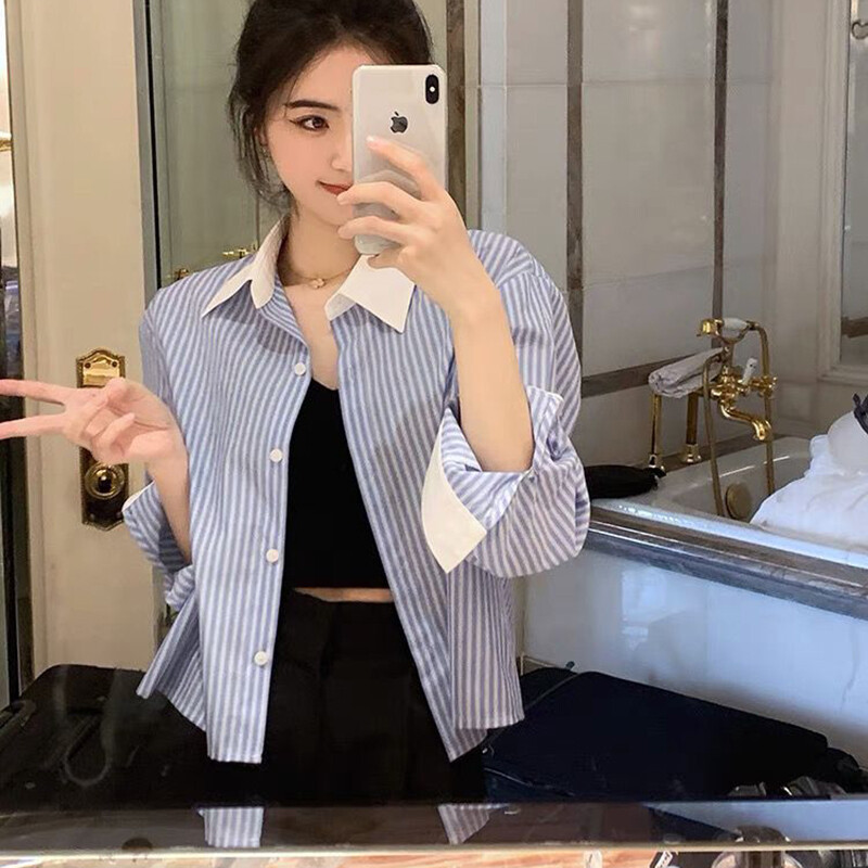 Vintage korejska prugasta košulja Ženska ležerna labava patchwork bluza dugih rukava Jesenski dizajn Ženske jednostavne majice s otvorenim ovratnikom