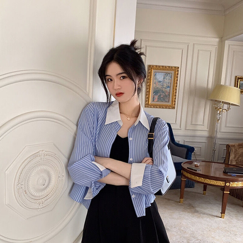 Vintage korejska prugasta košulja Ženska ležerna labava patchwork bluza dugih rukava Jesenski dizajn Ženske jednostavne majice s otvorenim ovratnikom