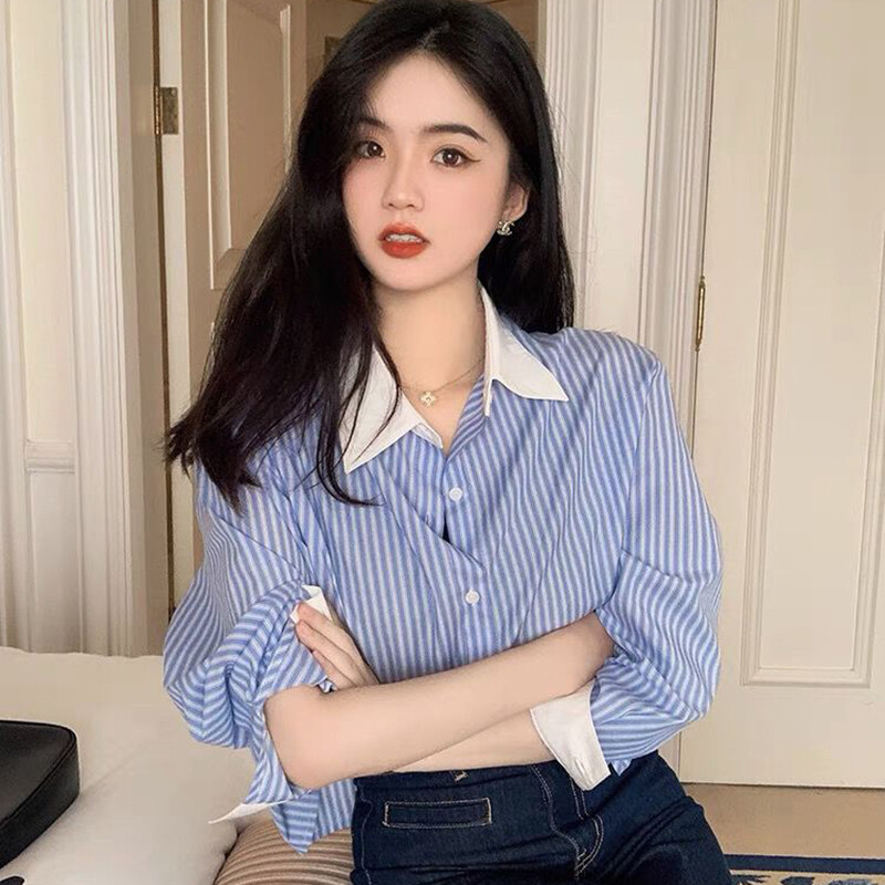Vintage korejska prugasta košulja Ženska ležerna labava patchwork bluza dugih rukava Jesenski dizajn Ženske jednostavne majice s otvorenim ovratnikom