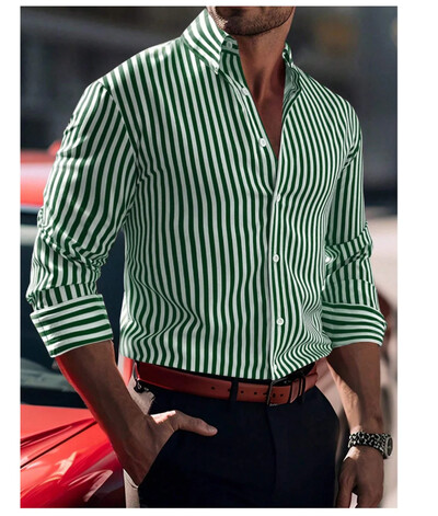 Meeste särk Tiki sarja ühevärviline triibuline trükimustriga pikkade varrukatega revääriga nööbiga vabaaja särk mugav ja pehme kangas