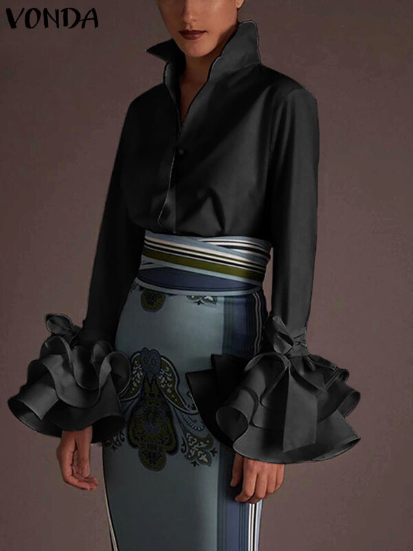 Elegantne kontoripluus Naiste moodsad särgid, tuunika 2024 VONDA pikkade varrukatega topid vabaaja täisnööpidega peopluusid, naiselikud