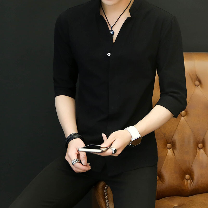 Ljetna lanena košulja s stojećim ovratnikom za 2024., muška, korejska, uska, uska, ulična, ležerna majica s 3/4 rukava, jednobojna, višebojna majica