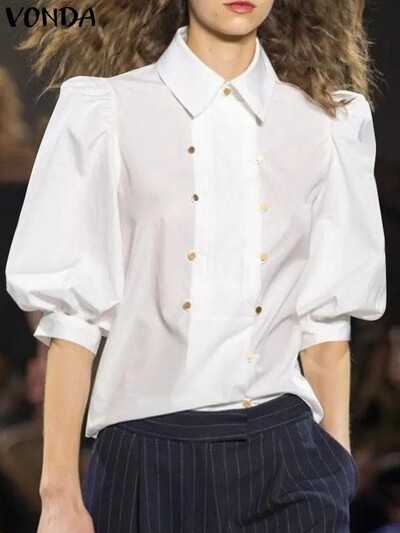 VONDA cămăși elegante pentru femei 2024, vară, cu mâneci bufante, bluze de modă, tunică, bluze, cu rever, ocazional, de culoare solidă