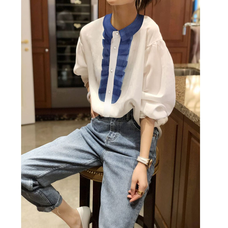 Корейска модна дамска блуза с копчета с контрастни цветове Лятна ежедневна широка риза с ръкав с фенер, дамско облекло